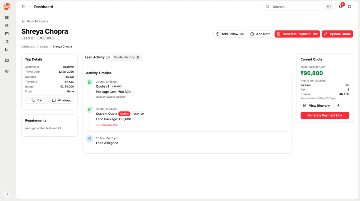 Detailed lead view showing trip details, activity timeline with quote history, and current quote with package cost and itinerary link