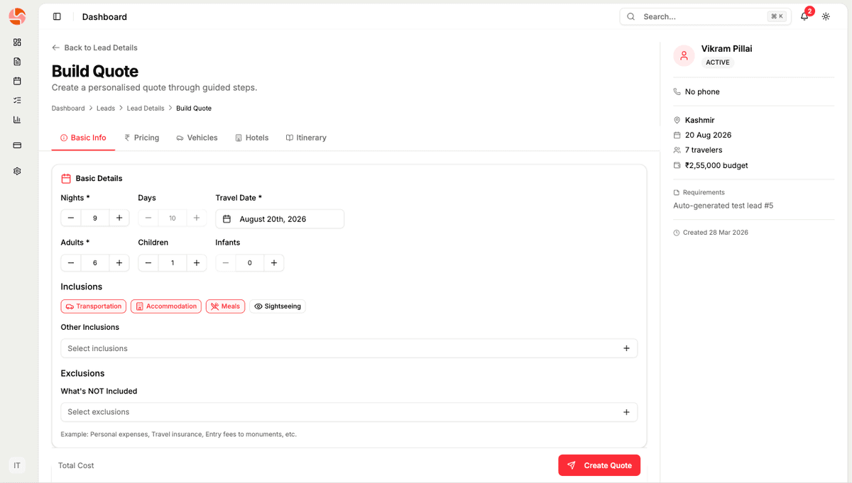 Quote builder interface with fields for nights, days, travel date, adults, children, inclusions like transportation, accommodation, and meals
