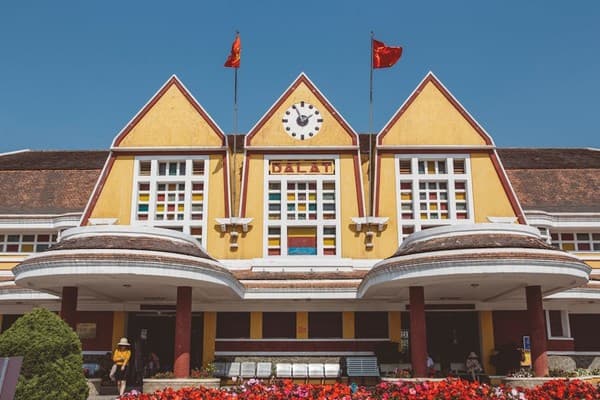Facade of the historic Da Lat Railway Station, a famous architectural landmark in Vietnam.
