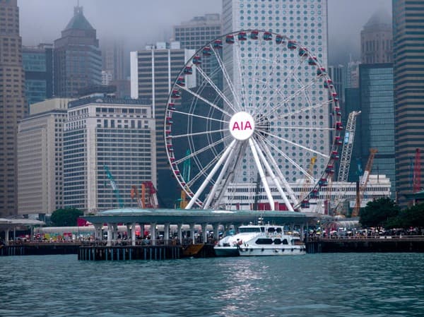 A large ferris wheel by the waterfront against a backdrop of city skyscrapers. A large ferris wheel by the waterfront against a backdrop of city skyscrapers.