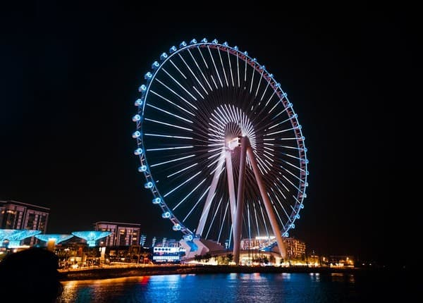 Illuminated Ferris wheel in Dubai at night showcasing vibrant cityscape and architectural beauty. Illuminated Ferris wheel in Dubai at night showcasing vibrant cityscape and architectural beauty.