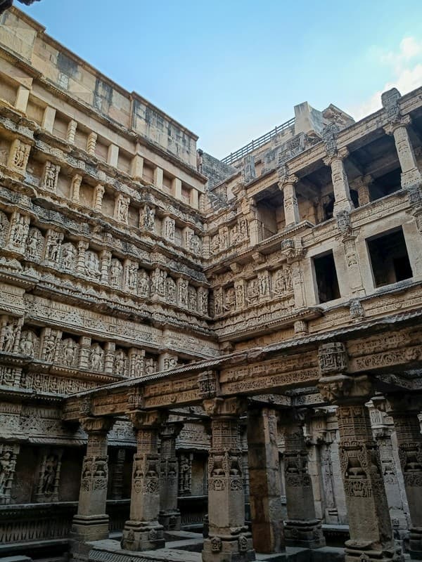 Rani Ki Vav (lit. 'The Queen's Stepwell') is a stepwell situated in the town of Patan in Gujarat state of India. It is located on the banks of Saraswati river. Its construction is attributed to Udayamati, daughter of Khengara of Saurashtra, queen and spouse of the 11th-century Chaulukya king Bhima I. Silted over, it was rediscovered in 1940s and restored in 1980s by the Archaeological Survey of India. It has been listed as one of the UNESCO's World Heritage Sites since 2014. Rani Ki Vav (lit. 'The Queen's Stepwell') is a stepwell situated in the town of Patan in Gujarat state of India. It is located on the banks of Saraswati river. Its construction is attributed to Udayamati, daughter of Khengara of Saurashtra, queen and spouse of the 11th-century Chaulukya king Bhima I. Silted over, it was rediscovered in 1940s and restored in 1980s by the Archaeological Survey of India. It has been listed as one of the UNESCO's World Heritage Sites since 2014.
