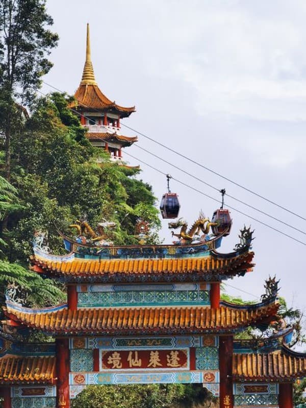 Vibrant pagoda and cable cars in a lush forest, showcasing cultural architecture and natural beauty. Vibrant pagoda and cable cars in a lush forest, showcasing cultural architecture and natural beauty.